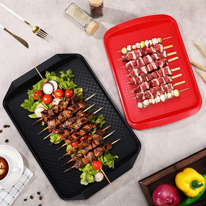 DoubleFill Set of 4 Grilling Prep and Serve Trays, 17x12 Inch 14x10 Inch Large BBQ Platter for Raw and Cooked Food Plastic Grill Tray, Black and Red Stackable Defrosting Grill Prep and Carry System