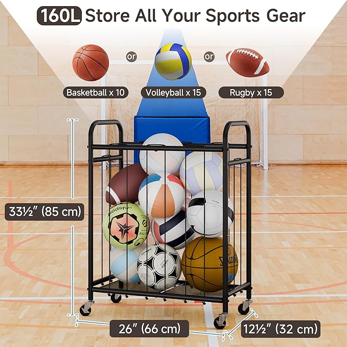 StorageWorks Ball Storage with Wheels, Ball Cart for Garage, Garage Sports Equipment Organizer, Balls Organizer for Basketball, Football, Volleyball