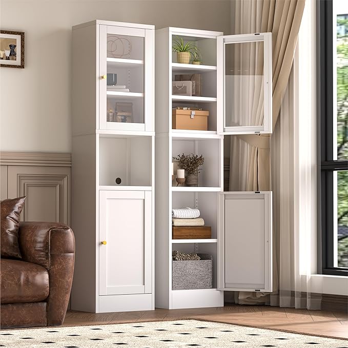 YAUWOH Metal Storage Cabinet with Glass Door, Tall Slim Pantry Organizer with 3 Adjustable Shelves (120LBS/Shelf), Anti-Tipping Waterproof Cabinet for Kitchen/Home Office/Small Spaces,(1PC,White)