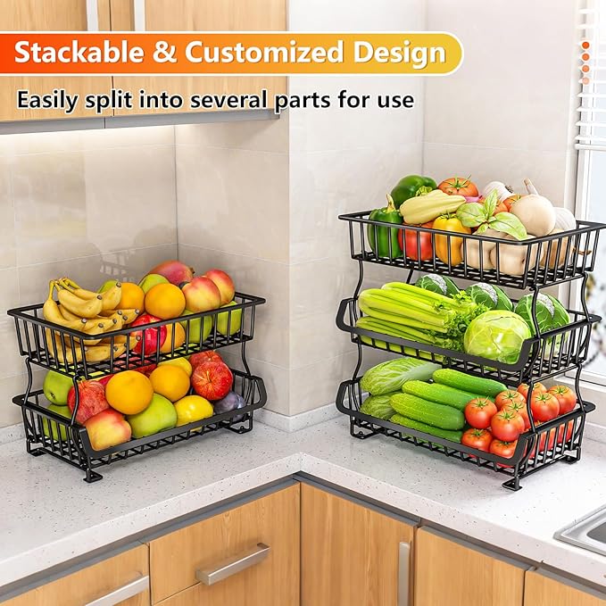 3-Tier Rolling Pantry Organizer and Storage Cart with Wheels – Stackable Wire Snack Cart for Kitchen, Pantry Shelves and Storage Rack for Fruit, Vegetables, Onion, Potato (1 Pack)