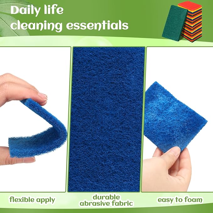 Hoolerry 100 Pcs Heavy Duty Scouring Pads Non Scratch Household Scrub Pads for Cleaning Reusable Pan Scrubber Anti Grease Scrubbing Pads for Dish Kitchen Metal Grills, 4.3 x 3 x 0.3 in (Multicolor)