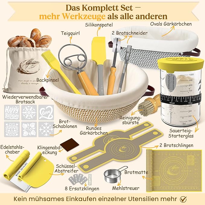 Sourdough Starter Kit with Cotton Rope Banneton Basket & Jar, Bread Baking Supplies and Tools Set, Complete Sourdough Bread Making Kit, Baking Gift for Women Moms & Beginners