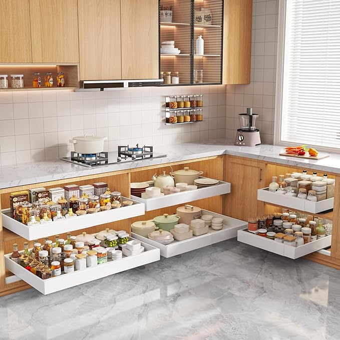 2 Pack Pull Out Cabinet Organizers 21" Deep With Raising Pad for Framed Cabinets, Expandable Width (15.2"-26.3") Slide Out Drawers Upgrade 3 Slide Rails, Roll Out Shelves Adhesive, White