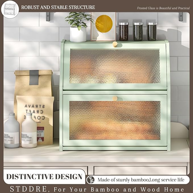 STDDRE Bread Box for Kitchen Countertop Bin Double Layer Bread Box Storage Container Extra Large Capacity Farmhouse with Diamond Pattern Windows (Green, Extra Large)
