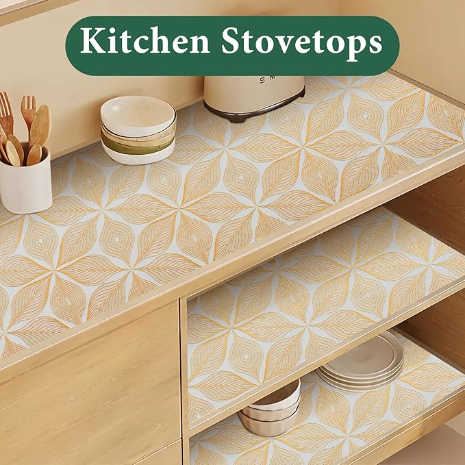 3D Drawer and Shelf Liner for Kitchen Cabinet: 12 in X 20 Ft Waterproof Shelf Paper Non Adhesive Refrigerator Liners Golden Leaf Easy Liners for Bathroom with Knife Tape Measure