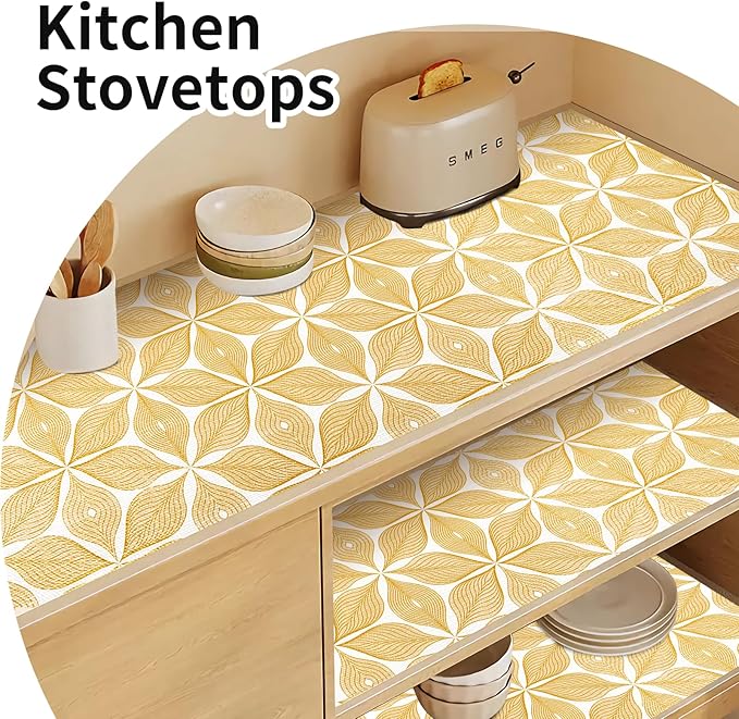 Shelf Liners for Kitchen Cabinets 23.62in x 20FT, Non Adhesive Cabinet Liner Strong Non-Slip Golden Leaf Drawer Liner, Easy to Clean for Shelf, Cabinet with Knife and Tape Measure