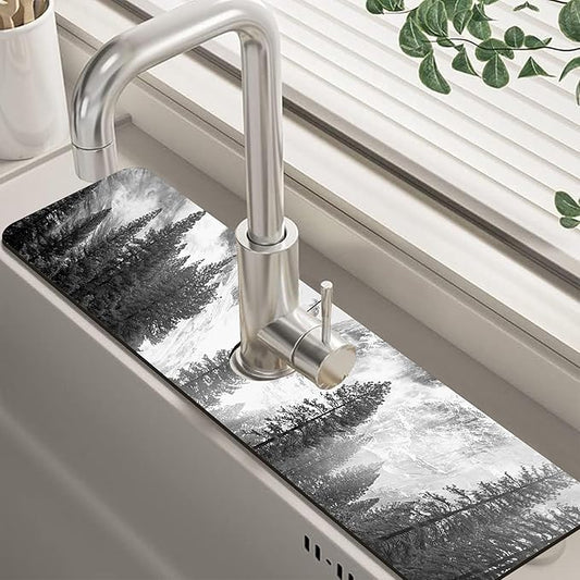 Winter Forest Mountain Sink Faucet Absorbing Mat Sink Splash Guard Faucet Mat Draining Mat Fast Drying Sink Protectors for Kitchen and Bathroom 5.5"×24"