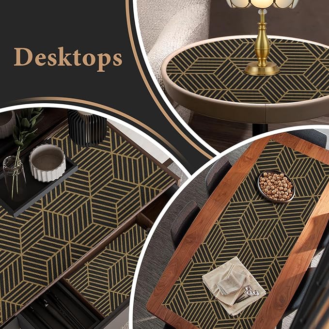 Shelf Liners for Kitchen Cabinets 23in x 20FT, Non Adhesive Cabinet Liner Strong Non-Slip Black Gold Geometric Drawer Liner, Easy to Clean for Shelf, Cabinet with Knife and Tape Measure
