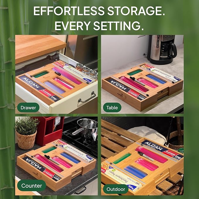 Ordna 6 IN 1 Bamboo Baggie Organizer for Drawer, Storage Bag Organizer Kitchen Drawer for Foil, Aluminum, Saran Wrap, Compatible with Quart, Gallon, Sandwich and Snack Size Bags