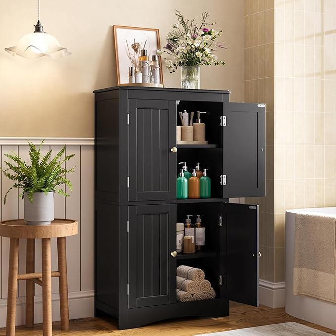 Gizoon 43" Kitchen Pantry Cabinet, Freestanding Floor Cabinet with Adjustable Shelves and 4 Magnetic Doors, Bathroom Storage Unit, for Kitchen, Living Room, Black