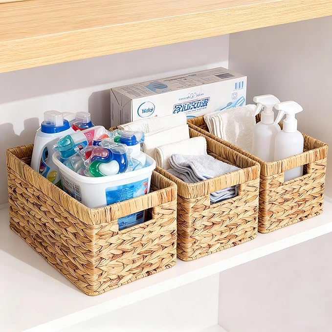 Water Hyacinth Woven Storage Baskets, Set of 4 Wicker Baskets for Organizing with Built-In Handles, Handwoven Rectangular Shelf Bins for Pantry, Bathroom, Kitchen, Closet (13 x 8.25 x 7 in)
