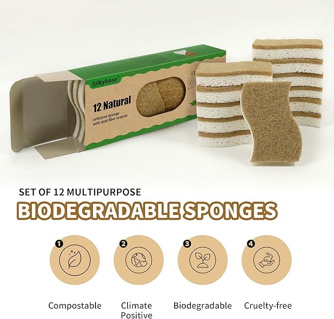 12 Pack Natural Kitchen Sponges, Biodegradable & Compostable | Non-Scratch Cellulose Coconut Fiber Sponges for Dishes, Pots & Pans | Eco-Friendly Cleaning Sponge