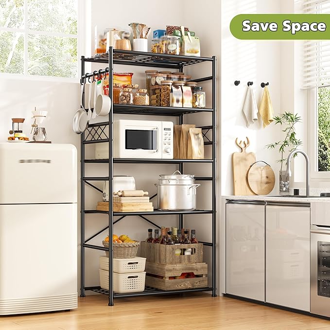 Metaling Shelving 5 Tier Shelf Organizer with Hooks,Storage Shelves Heavy Duty Garage Shelves Unit with Leveling Feet,Wire Shelving for Pantry, Kitchen and Closet,23.6" W x 13.8" Dx72.4 H