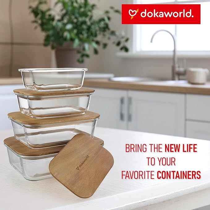 dokaworld Natural Acacia Lids Set for Food Storage Glass Containers (4pcs) - Lids are compatible with all Glass Food Storage Containers Sets