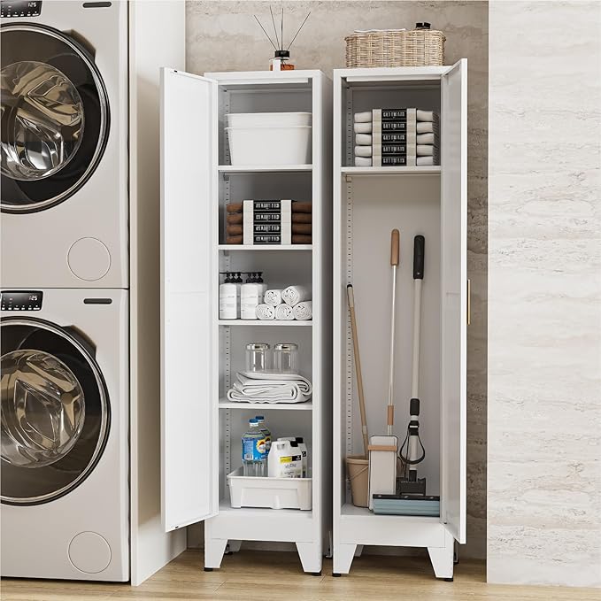YNIQUESTLE 67" Tall Storage Cabinet with Reversible Doors and Adjustable Shelves,Metal Slim Freestanding Cabinets for Bathroom Kitchen Garage Small Spaces,White