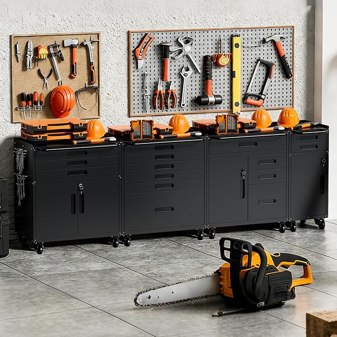 BIZOEIRON Metal Garage Storage Cabinet with Wheels, Rolling Tool Cabinet with 6 Drawers, Heavy Duty Tool Cabinet with Workbench, Assembly Required, Black