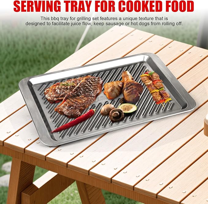Grilling Prep and Serve Trays, Stainless Steel Large Capacity Food Prep Tray, Grill Carry System, Marinade Container and Cutting Board, BBQ Grill Accessories, Grilling Gifts for Men
