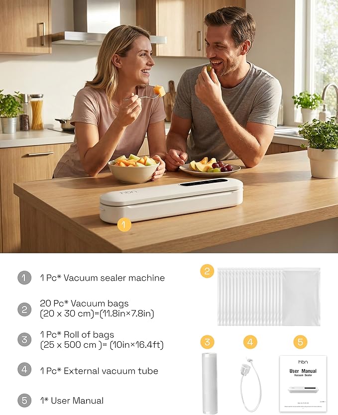 HBN Vacuum Sealer Machine, Automatic Food Sealing System, Dry & Moist Modes, Compact and Efficient, with Built-in Safety Features for Home & Kitchen Use