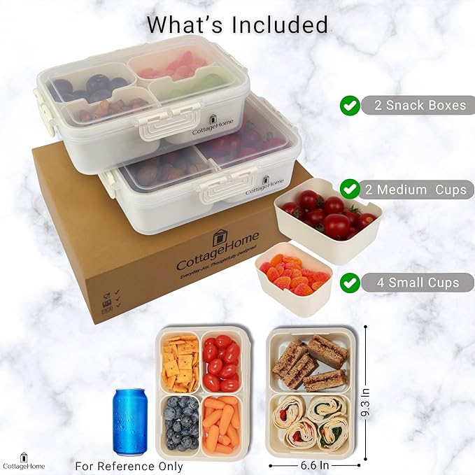 2 Pack Mini Snackle Box Container - 4 Compartment Divided Serving Tray with Lid for Meal Prep, Lunch, School - Dishwasher Safe, Reusable Travel Snack Box for Candy, Fruits, Snacks