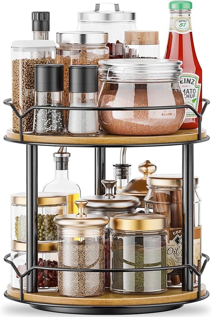 MUTUALUS Lazy Susan Organizer 2 Tier - Turntable Spice Rack for Table Top, Wooden Rotating Lazy Susan for Cabinet Pantry Kitchen Countertop Dining Table Cupboard Bathroom Vanity Storage