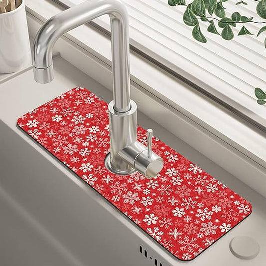 Christmas Snowflake Kitchen Sink Splash Guard Mat Absorbent Fast Drying Mat Faucet Draining Mat Sink Splash Guard Behind Faucet Drip Catcher for Kitchen Bathroom 5.5"×15"