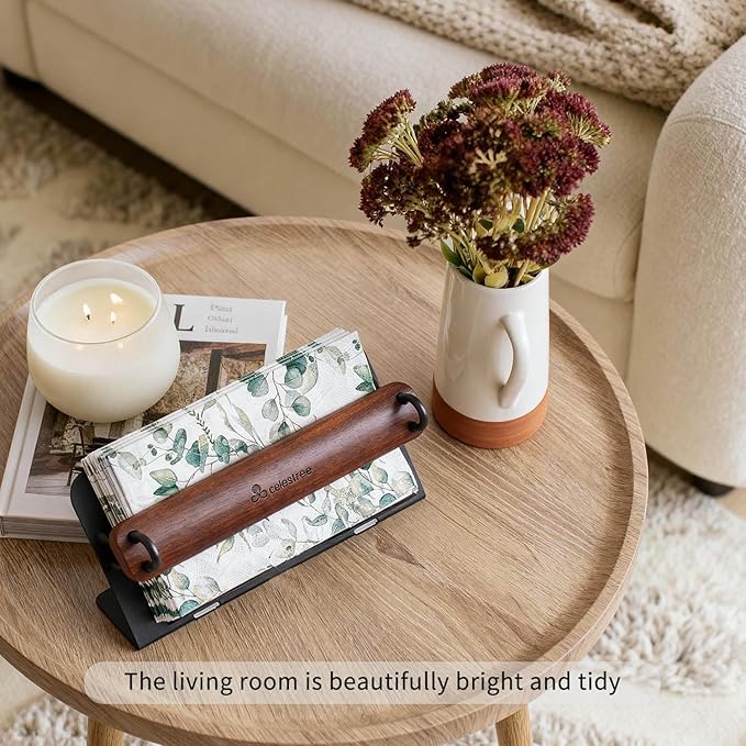 Celestree Unique Guest Towel Holder for Bathroom & Table - Modern Metal Napkin Dispenser with Walnut Weighted Arm, Rectangular Disposable Hand Towels Tray for Kitchen Steak Dinner, Vanity, Picnic
