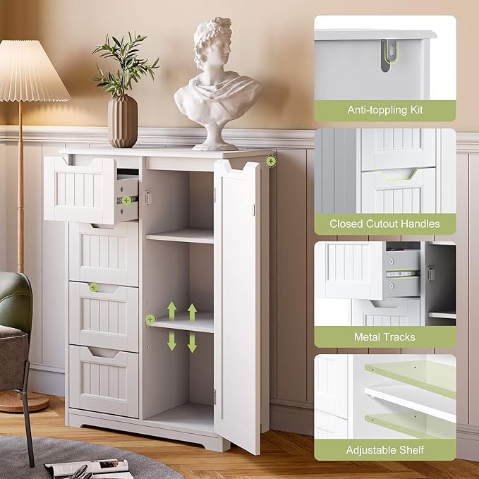 Gizoon Small Pantry with Door and Shelves, 33'' Kitchen Pantry Storage Cabinet Freestanding Wooden Bathroom Storage Cabinet with 4 Drawers for Kitchen and Dining Room, White