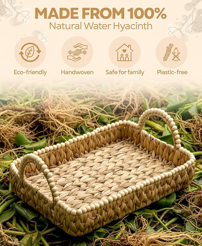 NAZOX Handwoven Water Hyacinth Storage Baskets for Toilet, Living Room, Nursery Organization - Natural Rectangular Set of 3 Versatile Nesting Baskets with Scalloped Edge Design & Handles