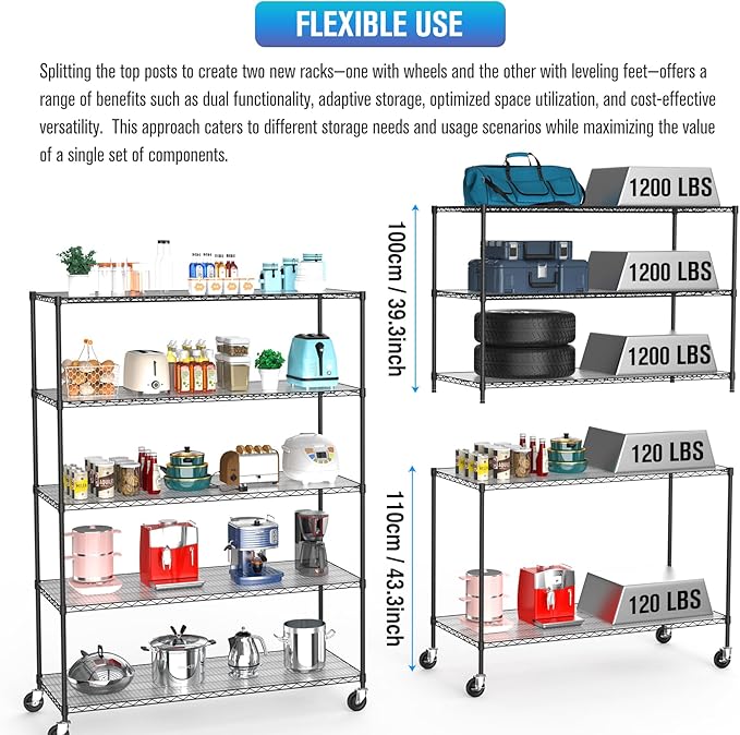 5 Tier NSF Wire Shelf Shelving Unit, 24 x 60 x 82 Inch 7500lbs Capacity Heavy Duty Adjustable Storage Metal Rack with Wheels/Leveling Feet & Shelf Liners, Ideal for Garage, Kitchen, and More - Black