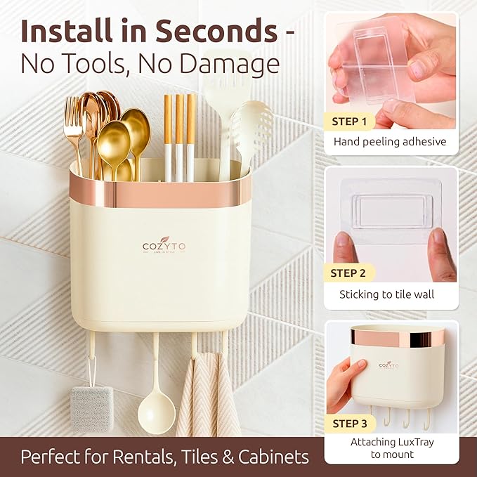 COZYTO LuxTray U1-Pro – Wall Mounted Kitchen Organizer with Hooks, Dividers & Drain Tray, No-Drill Adhesive, BPA-Free – Cream White with Rose Gold or Silver Accent (Cream White & Rose Gold)