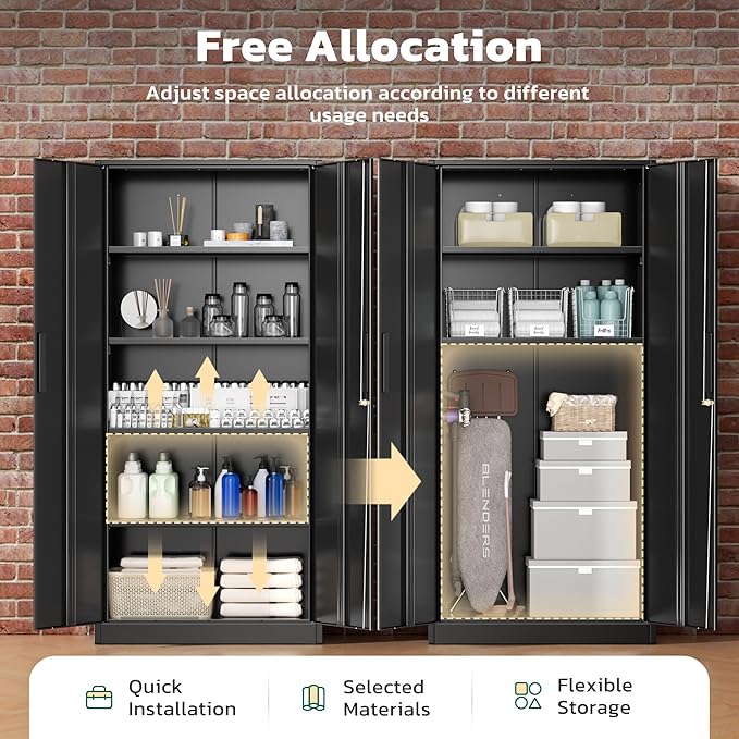 Greenvelly Metal Lockable Storage Cabinet, 72”Black Locked Storage Cabinet with 2 Doors and 4 Adjustable Shelves for Office, Home, Garage, Pantry (Assembly Required, 16”D)
