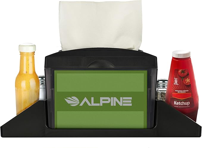Alpine Tabletop Commercial Napkin Dispenser Restaurant Napkin Holder for Interfold Napkins with Condiment Holder & 2 Side Marketing Space Insert for Restaurants, Cafeterias, Food Trucks, Clubs - Black