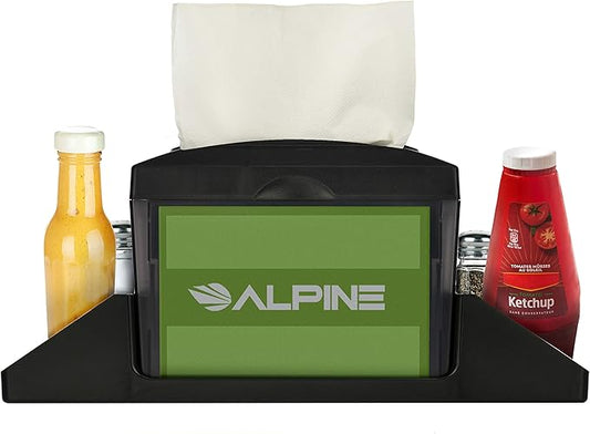 Alpine Tabletop Commercial Napkin Dispenser Restaurant Napkin Holder for Interfold Napkins with Condiment Holder & 2 Side Marketing Space Insert for Restaurants, Cafeterias, Food Trucks, Clubs - Black