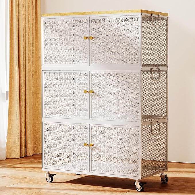 3 Tier Metal Storage Cabinet with wheels, Storage Bins with Magnetic Doors, Storage Cart for Living Room, Bedroom, Bathroom, Laundry, Kitchen