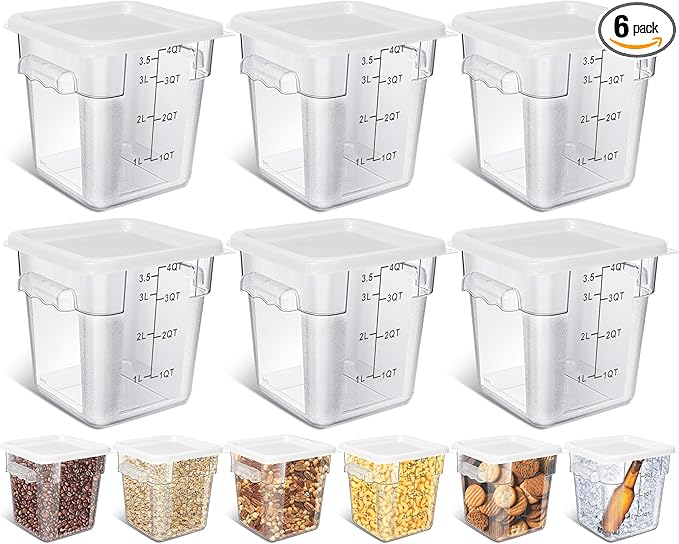 Yungyan 6 Pcs Commercial Clear Food Storage Containers 4 Qt Square Acrylic Airtight Food Storage Containers with Lids for Kitchen Restaurant Pantry Freezer Flour Sugar (White)