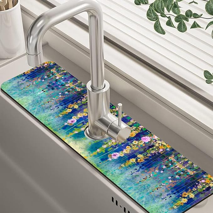 Abstract Watercolor Floral Kitchen Sink Splash Guard Mat Absorbent Fast Drying Mat Faucet Draining Mat Sink Splash Guard Behind Faucet Drip Catcher for Kitchen Bathroom 5.5"×24"