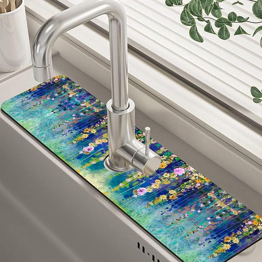 Abstract Watercolor Floral Kitchen Sink Splash Guard Mat Absorbent Fast Drying Mat Faucet Draining Mat Sink Splash Guard Behind Faucet Drip Catcher for Kitchen Bathroom 5.5"×24"