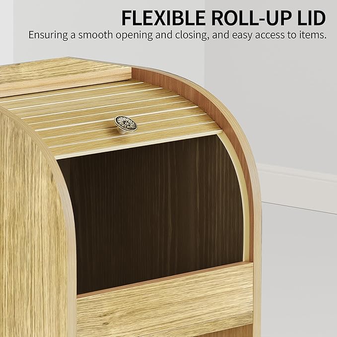 Potato Storage Bin Movable Bread Box with Lid Rustic and Wheels Onion Organizer with Grocery Section Decorative Vegetable Organization Cabinet for Kitchen (Natural)