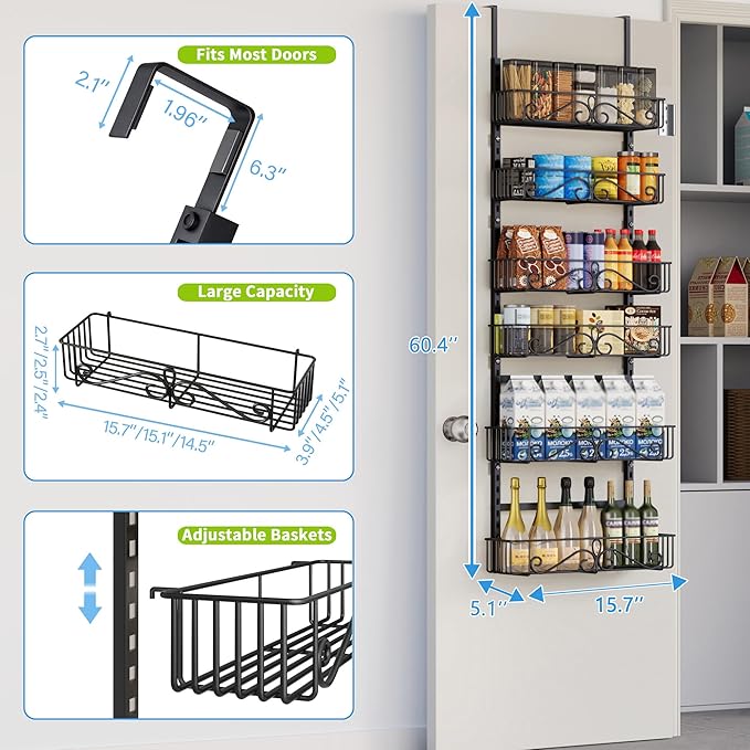 6-Tier Over the Door Pantry Organizer, Pantry Organization And Storage, Hanging Storage Organizer Spice Rack Metal Shelving for Home & Kitchen, Office Laundry Room Bathroom Black