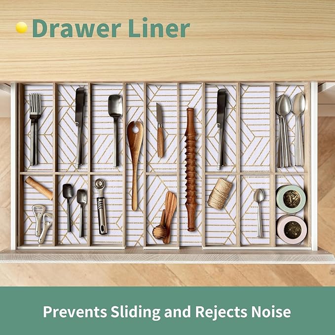 Shelf Liners for Kitchen Cabinets 23.6in x 40FT, Non Adhesive Cabinet Liner Strong Non-Slip Thickened Gold Geometric Drawer Liner, Easy to Clean for Shelf, Cabinet with Knife and Tape Measure