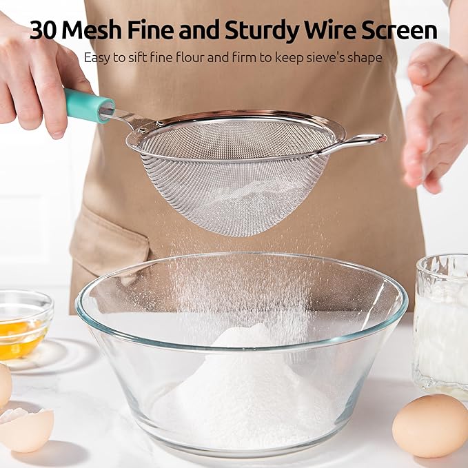 U-Taste Fine Mesh Food Strainer: 18/8 Stainless Steel 30 Mesh Kitchen Sieve with Sturdy Riveted Silicone Handle, Heavy Duty Deep Handheld Metal Colander (Small/3.35in+Medium/4.73, Aqua Sky)