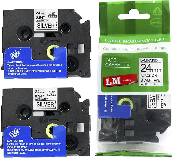 2/Pack LM Tapes - LMe951 Premium 1" Black Print on Silver Label Compatible with Brother TZe-951 P-Touch and Includes Tape Color/Size Guide. Replaces TZe951 24mm 0.94 Laminated