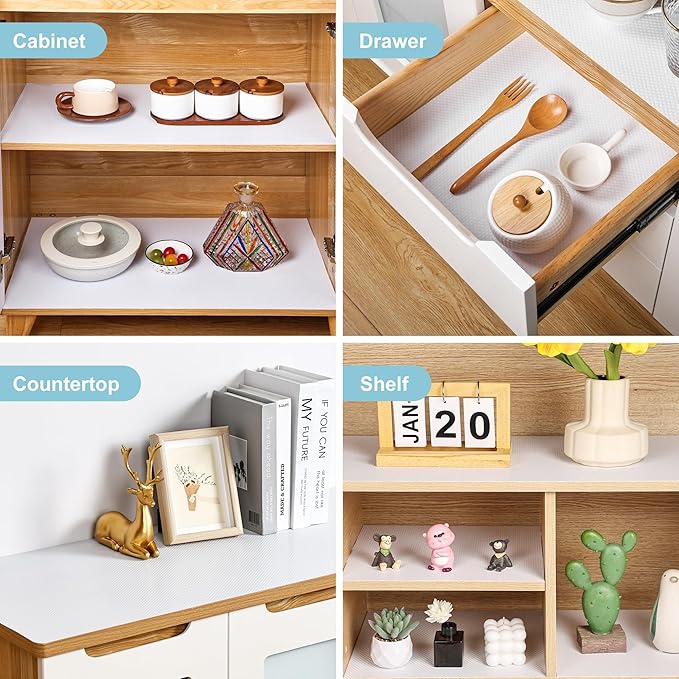 PABUSIOR Self-Adhesive Kitchen Cabinet Liner: White Peel and Stick Drawer Contact Paper - 11" W x 120" L Non-Slip Waterproof Easy to Cut Pantry Shelf Liner for Cupboard