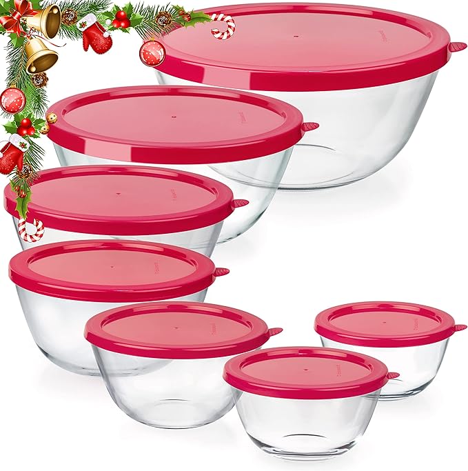 dokaworld 7 Stackable Space-Saving Nesting Glass Bowls with Pink Lids for Foodprep, Storage, Baking, Mixing & Cooking, Microwave Safe - Durable Inert Borosilicate Glass