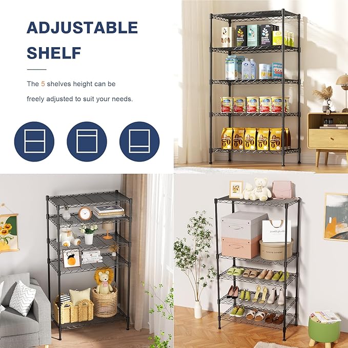 5-Tier Heavy Duty Wire Shelving Unit,35" Wx18 Dx71 H,Wire Shelf Racks with Wheels,Height Adjustable Storage Metal Shelves for Kitchen,Garage,Office,Living Room,Pantry,Black