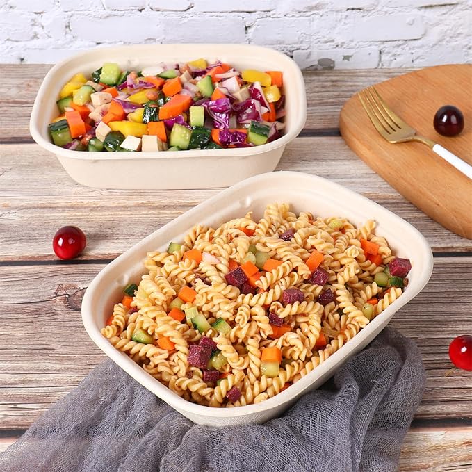 JAYEEY 35oz Disposable salad bowls with lids, Sugarcane Fiber Paper Bowls take away food containers meal prep deli container 50 Pack