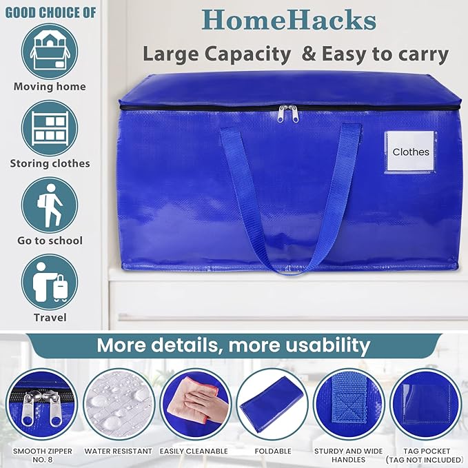 HomeHacks Moving Bags Heavy Duty with Strong Zippers and Handles Collapsible Moving Supplies, Storage Totes for Packing & Moving Storing 93L,10-Pack, Blue