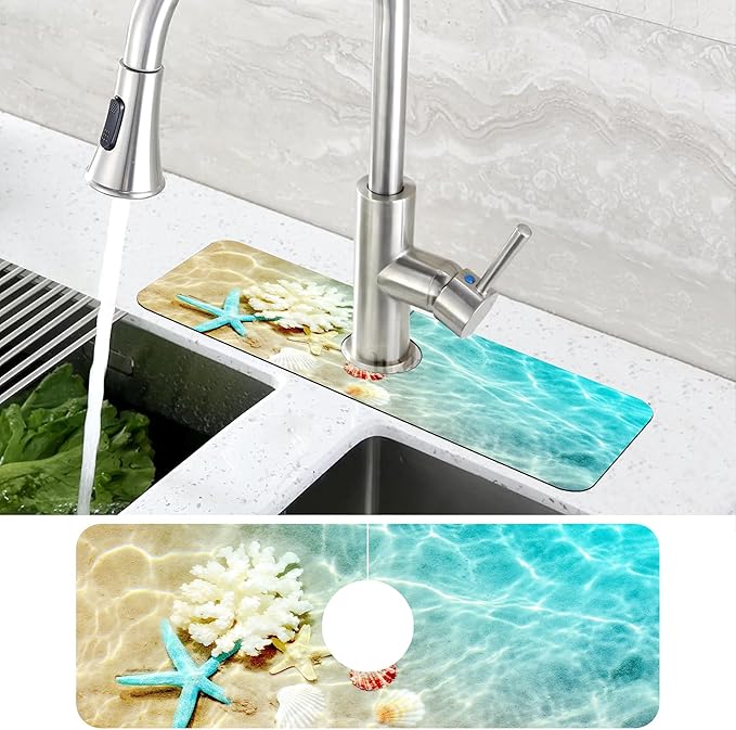 Beach Dish Drying Mat for Kitchen Sink Starfish Coral and Seashell Splash Guard Behind Faucet Sink Mat Absorbent Fast Drying Faucet Draining Mat for Bathroom Kitchen 5.5"×15"