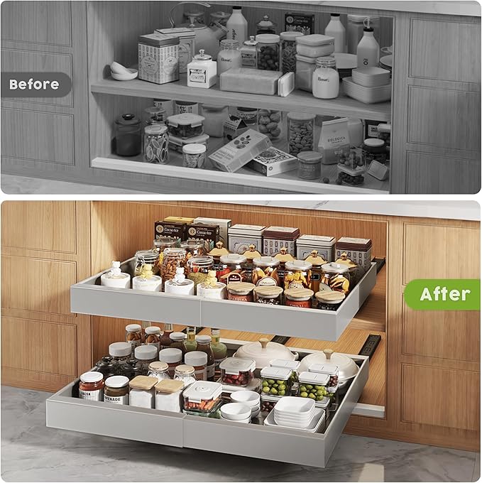 4 Pack Pull Out Cabinet Organizers 21" Deep With Raising Pad for Framed Cabinets, Expandable Slide Out Drawers with 4pcs Divider Racks, Roll Out Shelves, Adjustable Width 12"-20.45" Silver