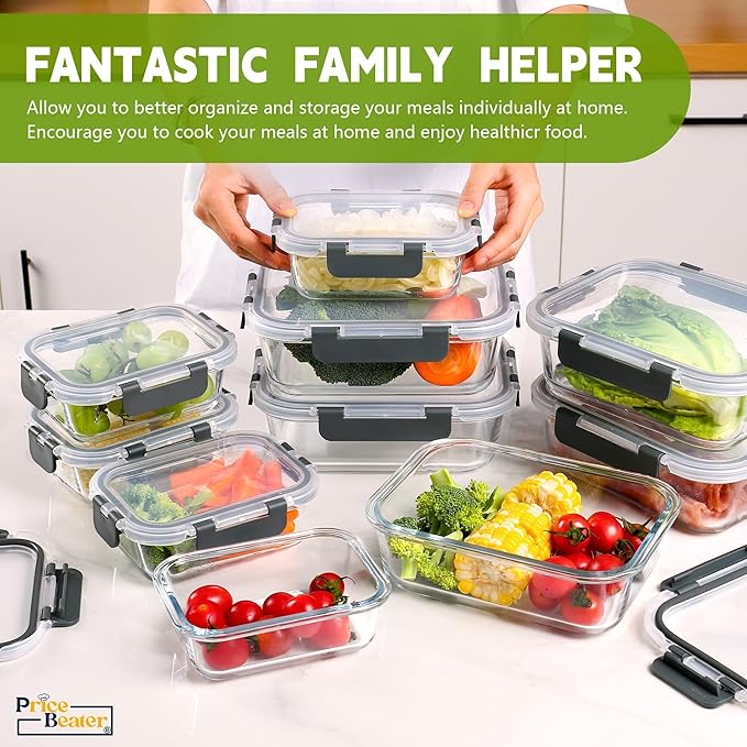Glass Food Storage Containers with Lids – 10 Pack (2 Sizes: 1050ml & 370ml) | Airtight, Reusable Lunch Boxes, Leakproof, BPA-Free Meal Prep Containers for Kitchen,Dishwasher & Microwave